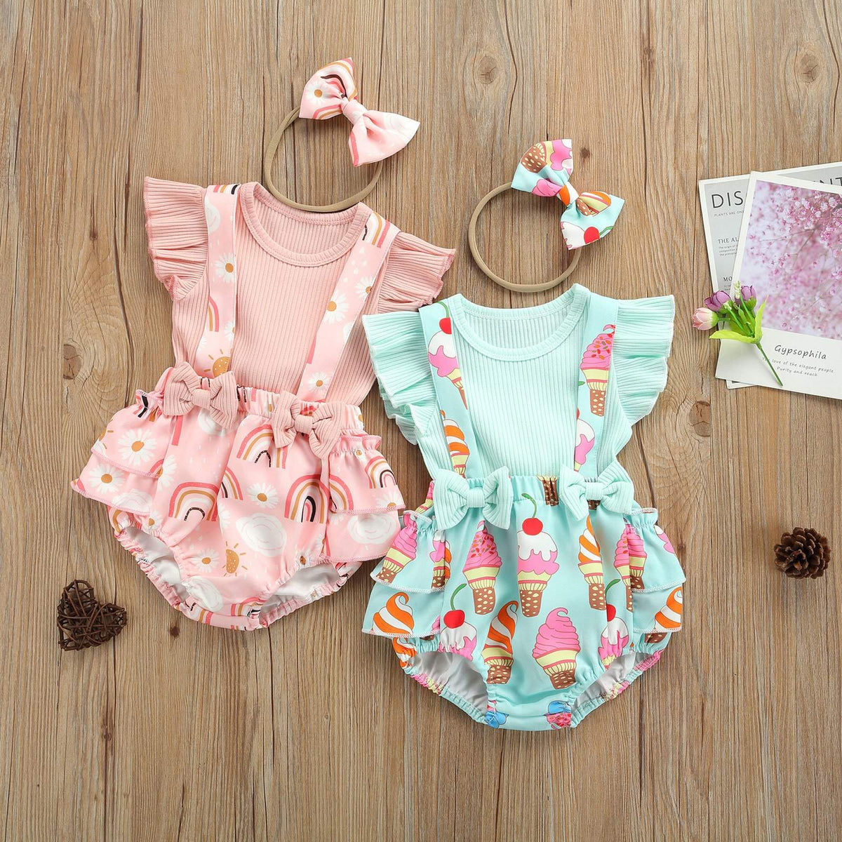Conjunto Bebê Menina Verão Blusa de Manga Curta + Macaquinho + Laço | 0-18 Meses