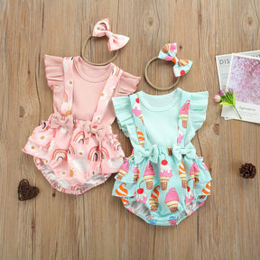 Conjunto Bebê Menina Verão Blusa de Manga Curta + Macaquinho + Laço | 0-18 Meses