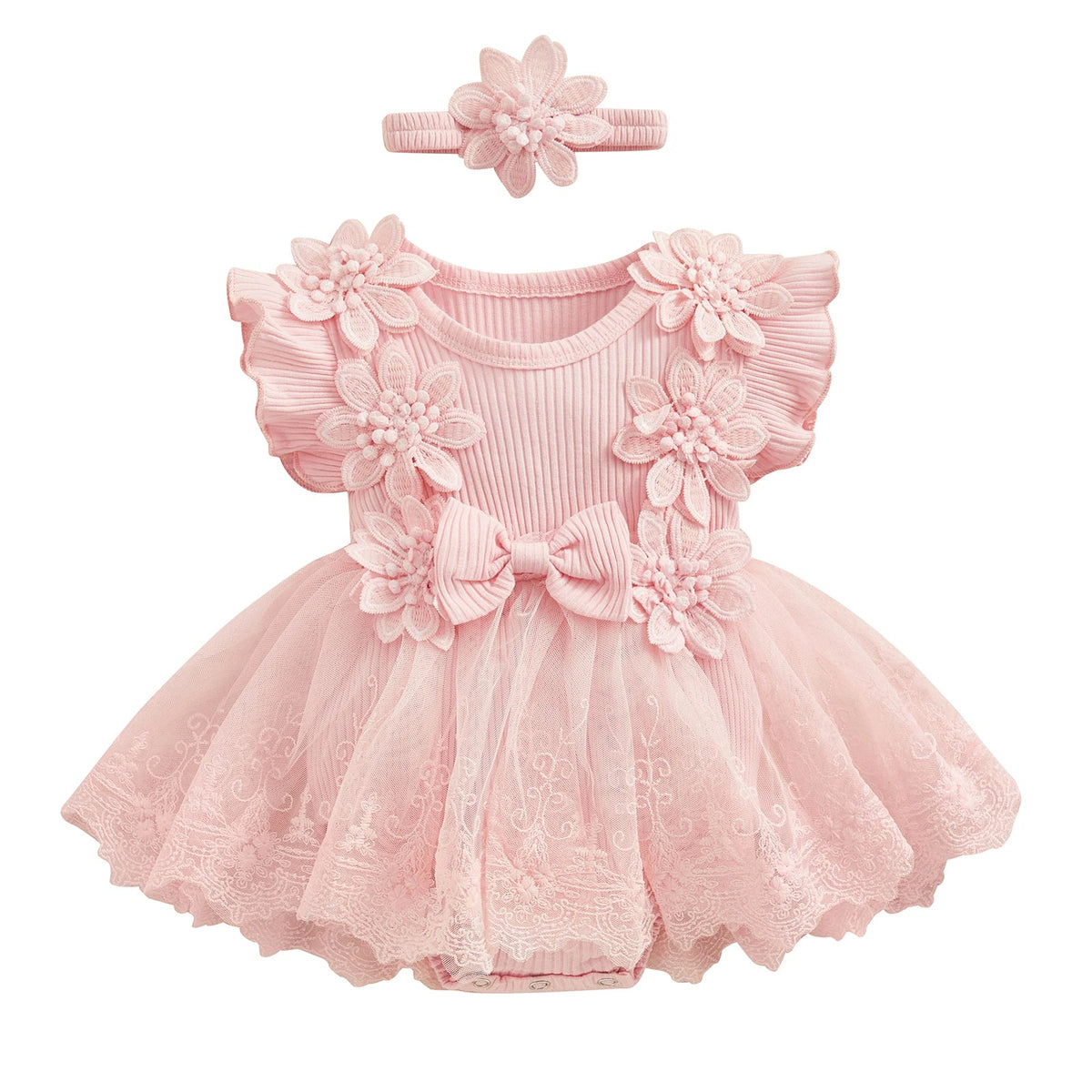 Vestido-Macaquinho de Festa Bordados Florais c/ Tiara | 0-18M