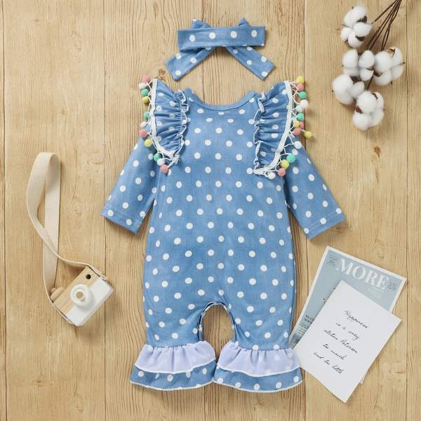 Macacão Babados Manga Flare Azul Poá Bebê Menina+Laço | 0-18 Meses