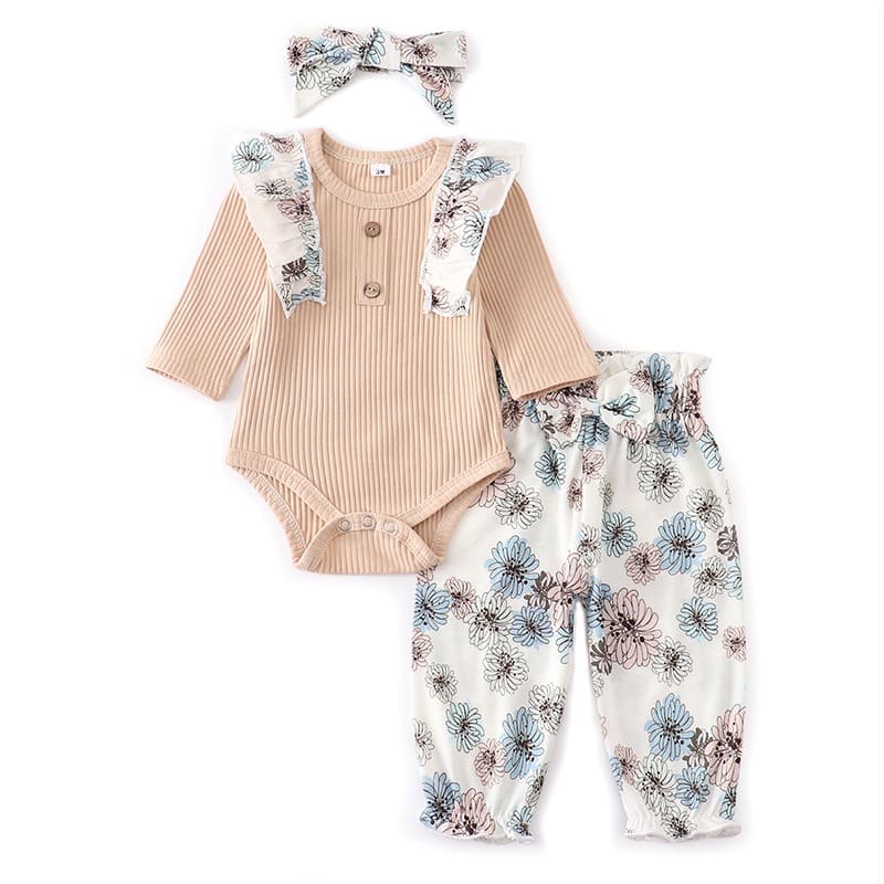 Conjunto Body Babados + Calça Floral+ Laço Bebê Menina
