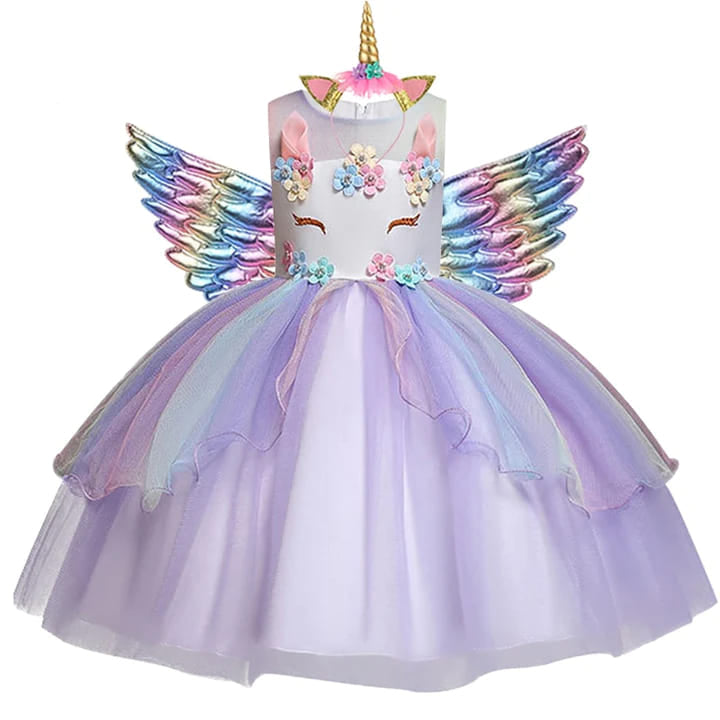 Vestido de Festa Menina Unicórnio Arco-íris + Asinhas + Tiara