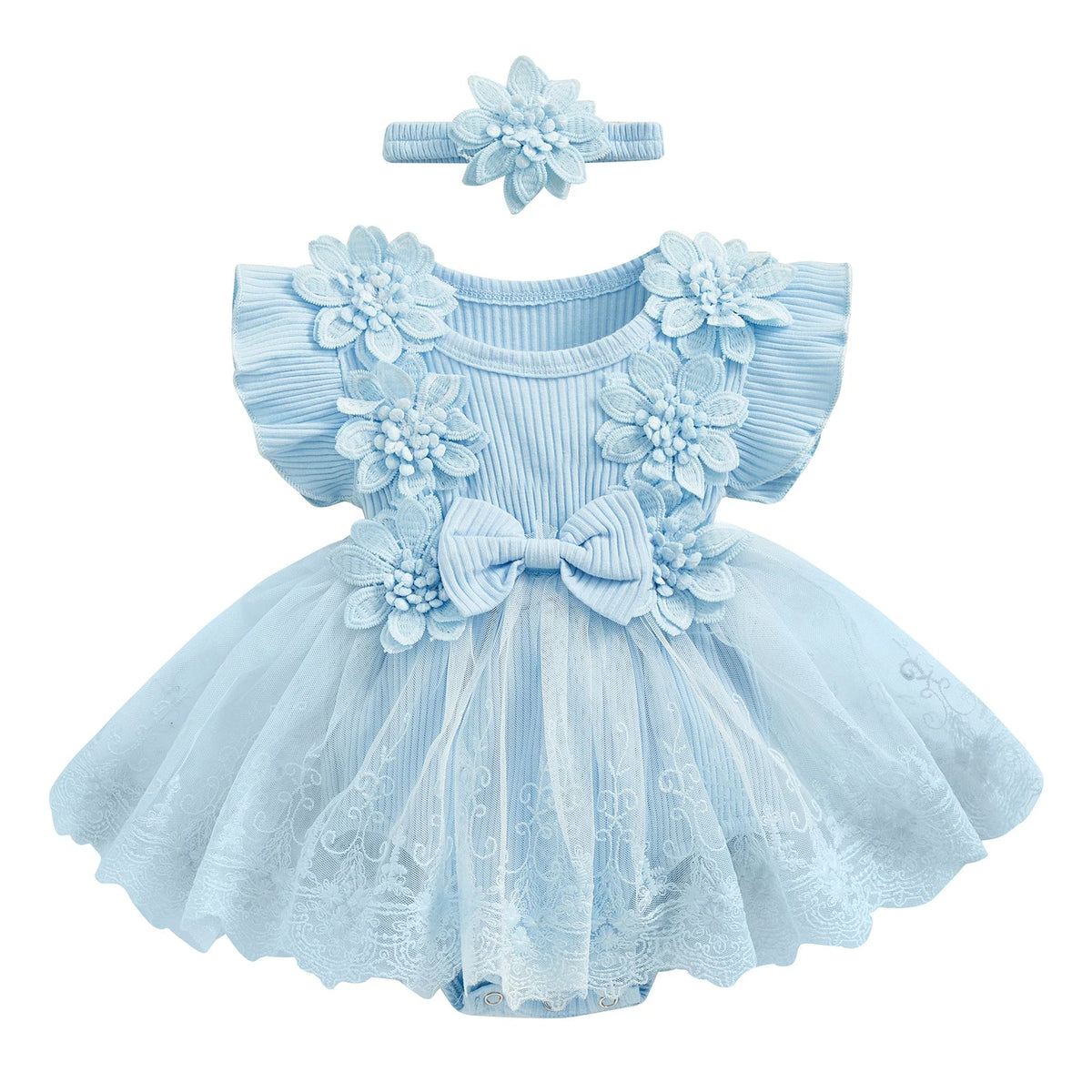 Vestido-Macaquinho de Festa Bordados Florais c/ Tiara | 0-18M