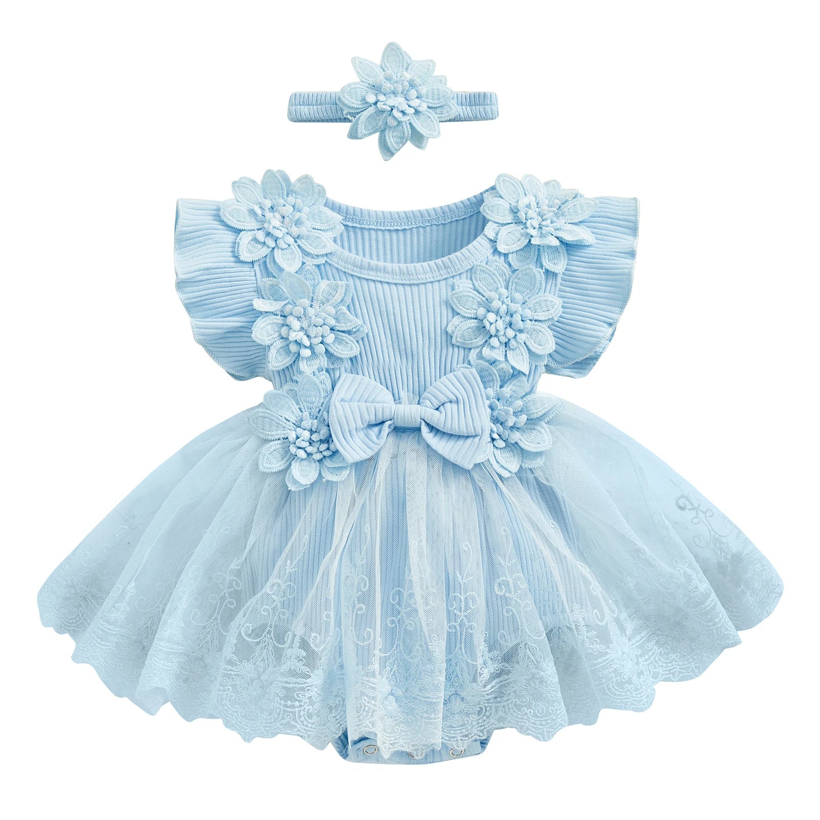 Vestido-Macaquinho de Festa Bordados Florais c/ Tiara | 0-18M