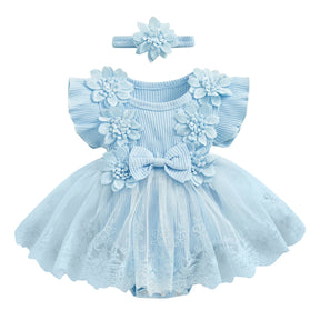 Vestido-Macaquinho de Festa Bordados Florais c/ Tiara | 0-18M