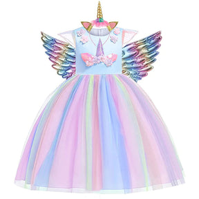 Vestido de Festa Menina Unicórnio Arco-íris + Asinhas + Tiara