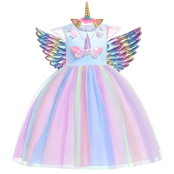 Vestido de Festa Menina Unicórnio Arco-íris + Asinhas + Tiara