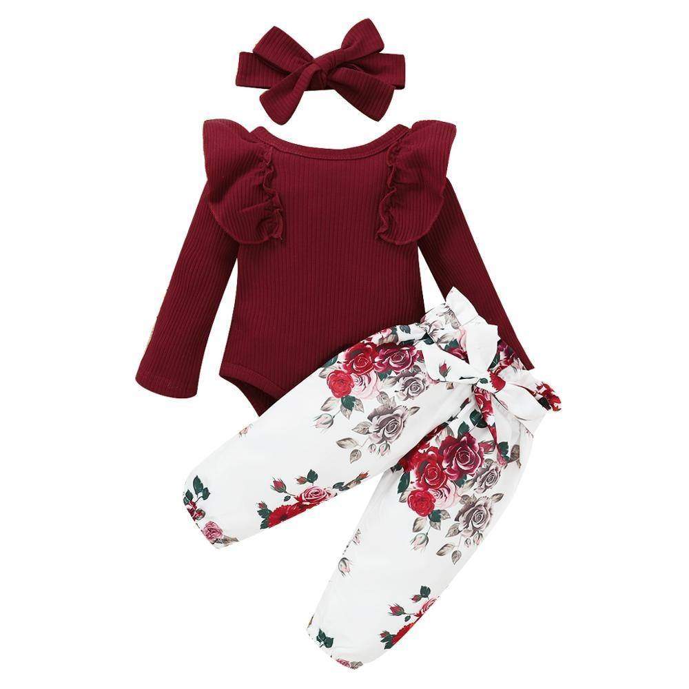 Conjunto Floral Bebê Menina Body Manga Longa + Calça + Laço | 3-24 Meses