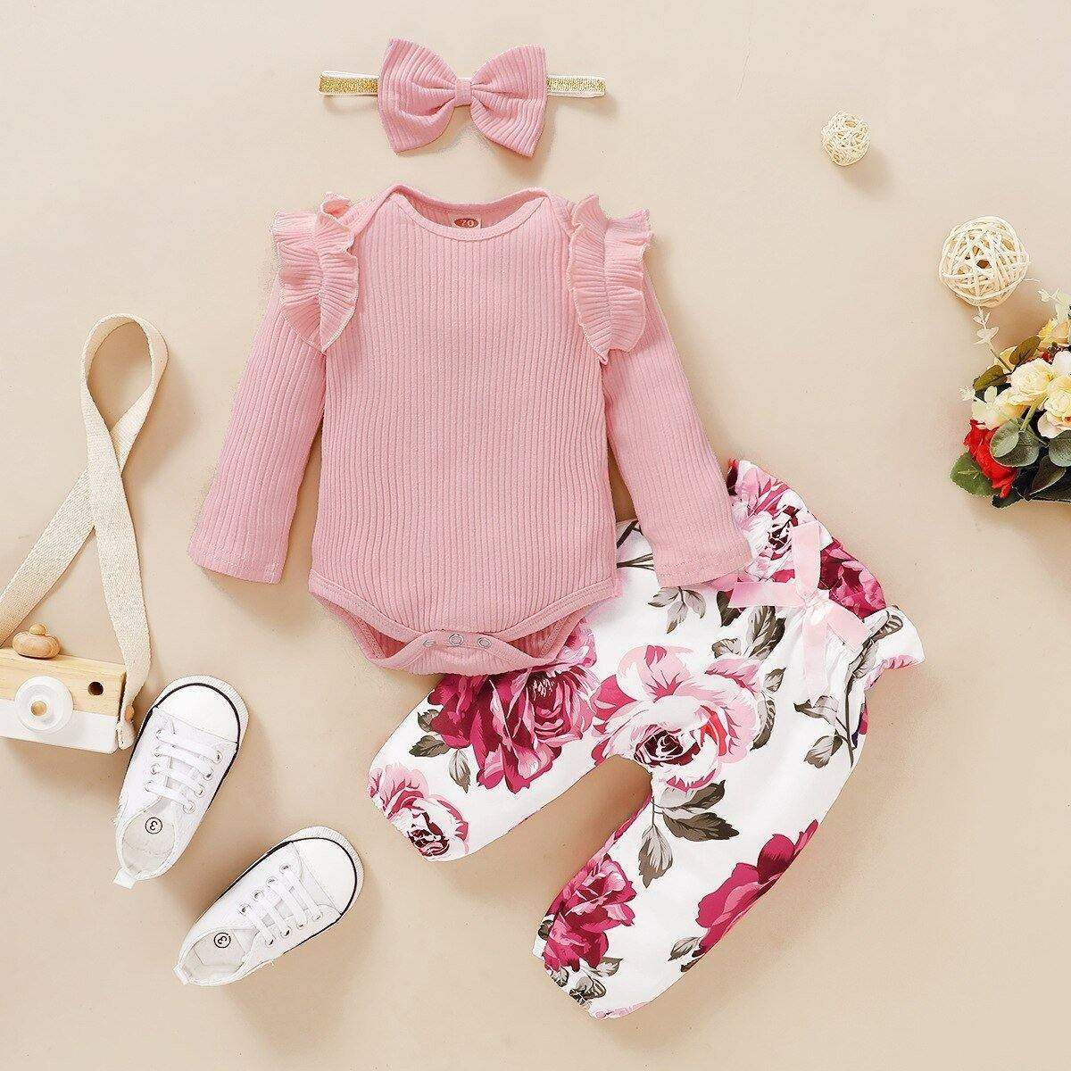 Conjunto Floral Bebê Menina Body Manga Longa + Calça + Laço | 3-24 Meses