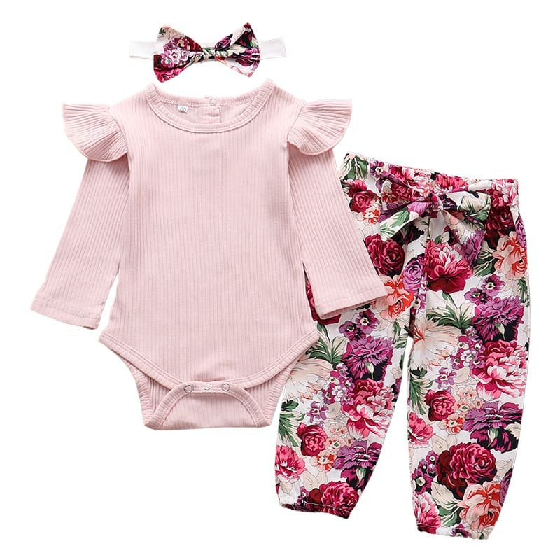 Conjunto Body Babados + Calça Floral+ Laço Bebê Menina