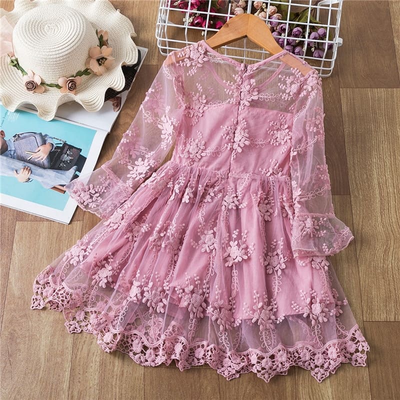 Vestido de Renda Manga Transparente Menina Batizado | 2-8 Anos