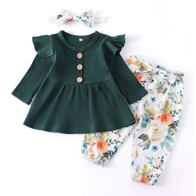 Conjunto Blusa Manga + Calça Floral +Laço Bebê Menina | 1-24 Meses