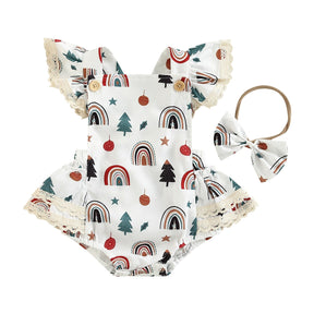 Macaquinho Estampado Natalino c/Babados + Laço Bebê Menina