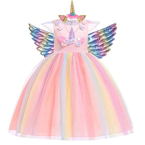 Vestido de Festa Menina Unicórnio Arco-íris + Asinhas + Tiara
