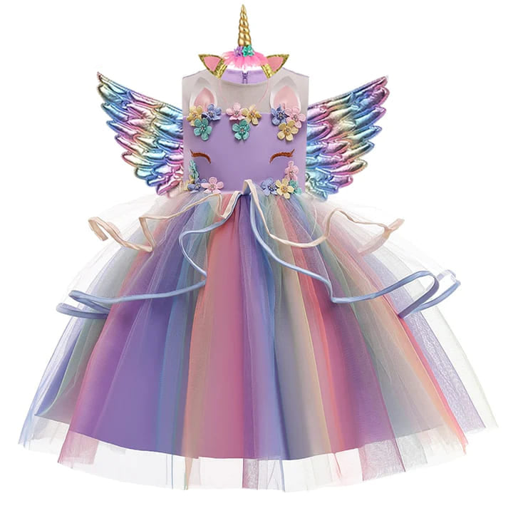 Vestido de Festa Menina Unicórnio Arco-íris + Asinhas + Tiara