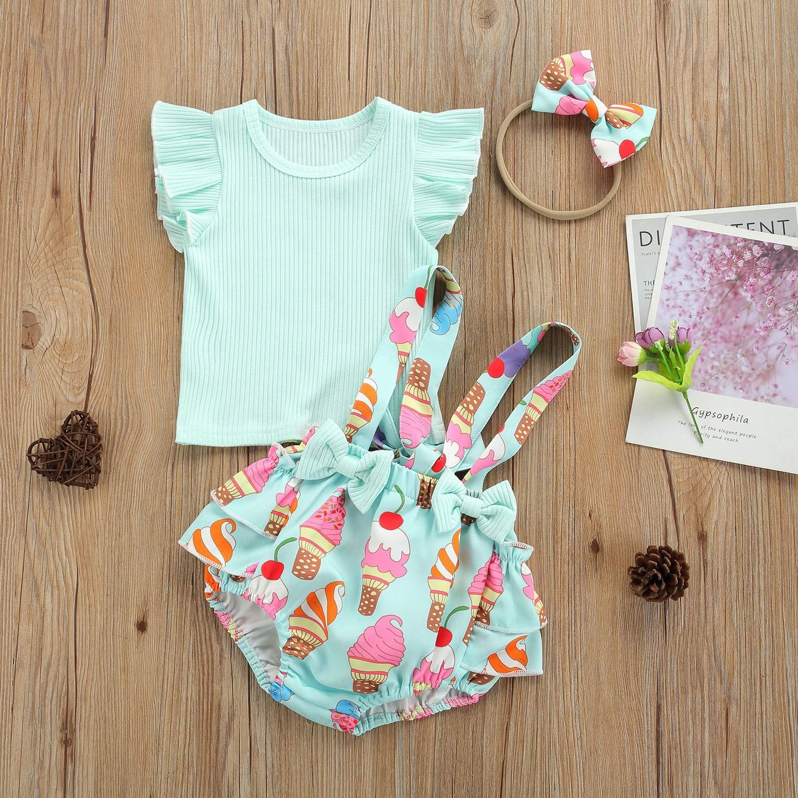 Conjunto Bebê Menina Verão Blusa de Manga Curta + Macaquinho + Laço | 0-18 Meses