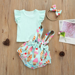 Conjunto Bebê Menina Verão Blusa de Manga Curta + Macaquinho + Laço | 0-18 Meses