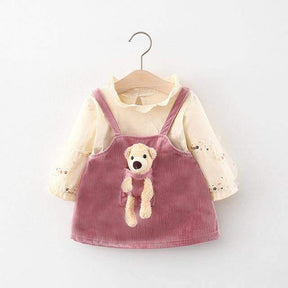 Conjunto Blusa de Manga +Vestido Veludo Ursinho Bebê Menina | 0-24 Meses