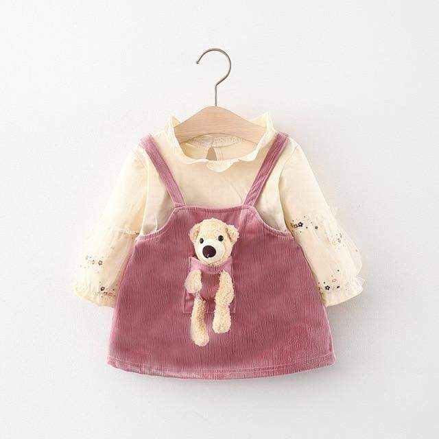 Conjunto Blusa de Manga +Vestido Veludo Ursinho Bebê Menina | 0-24 Meses