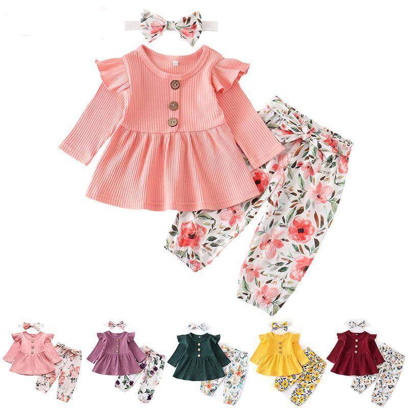 Conjunto Blusa Manga + Calça Floral +Laço Bebê Menina | 1-24 Meses