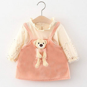 Conjunto Blusa de Manga +Vestido Veludo Ursinho Bebê Menina | 0-24 Meses