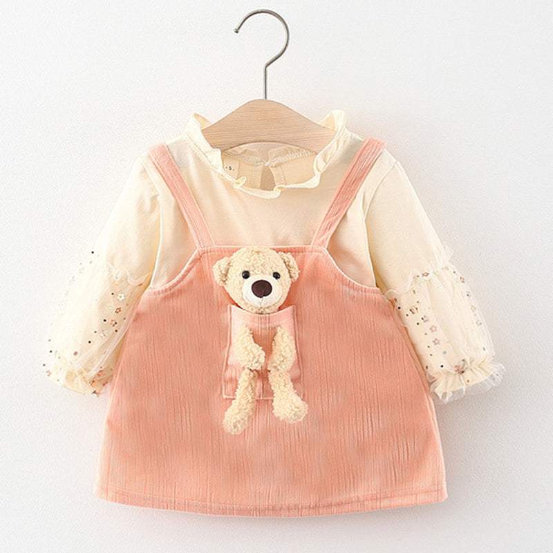 Conjunto Blusa de Manga +Vestido Veludo Ursinho Bebê Menina | 0-24 Meses