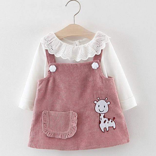Conjunto Blusa de Manga +Vestido Veludo Ursinho Bebê Menina | 0-24 Meses