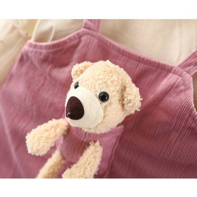 Conjunto Blusa de Manga +Vestido Veludo Ursinho Bebê Menina | 0-24 Meses