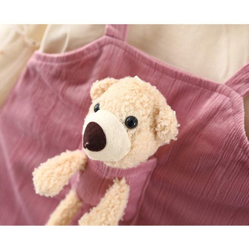 Conjunto Blusa de Manga +Vestido Veludo Ursinho Bebê Menina | 0-24 Meses