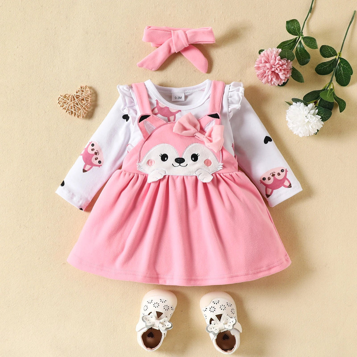 Conjunto Bebê Menina Raposinha Manga+ Longa Vestido+ Laço