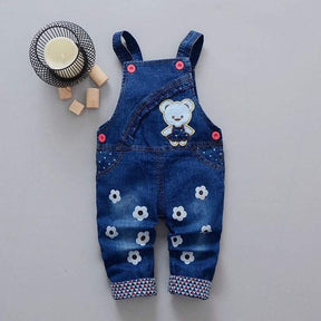 Macacão Jardineira Jeans c/ Detalhes Bebê Menina | 1-4 Anos