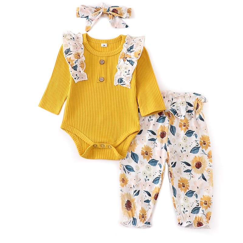 Conjunto Body Babados + Calça Floral+ Laço Bebê Menina
