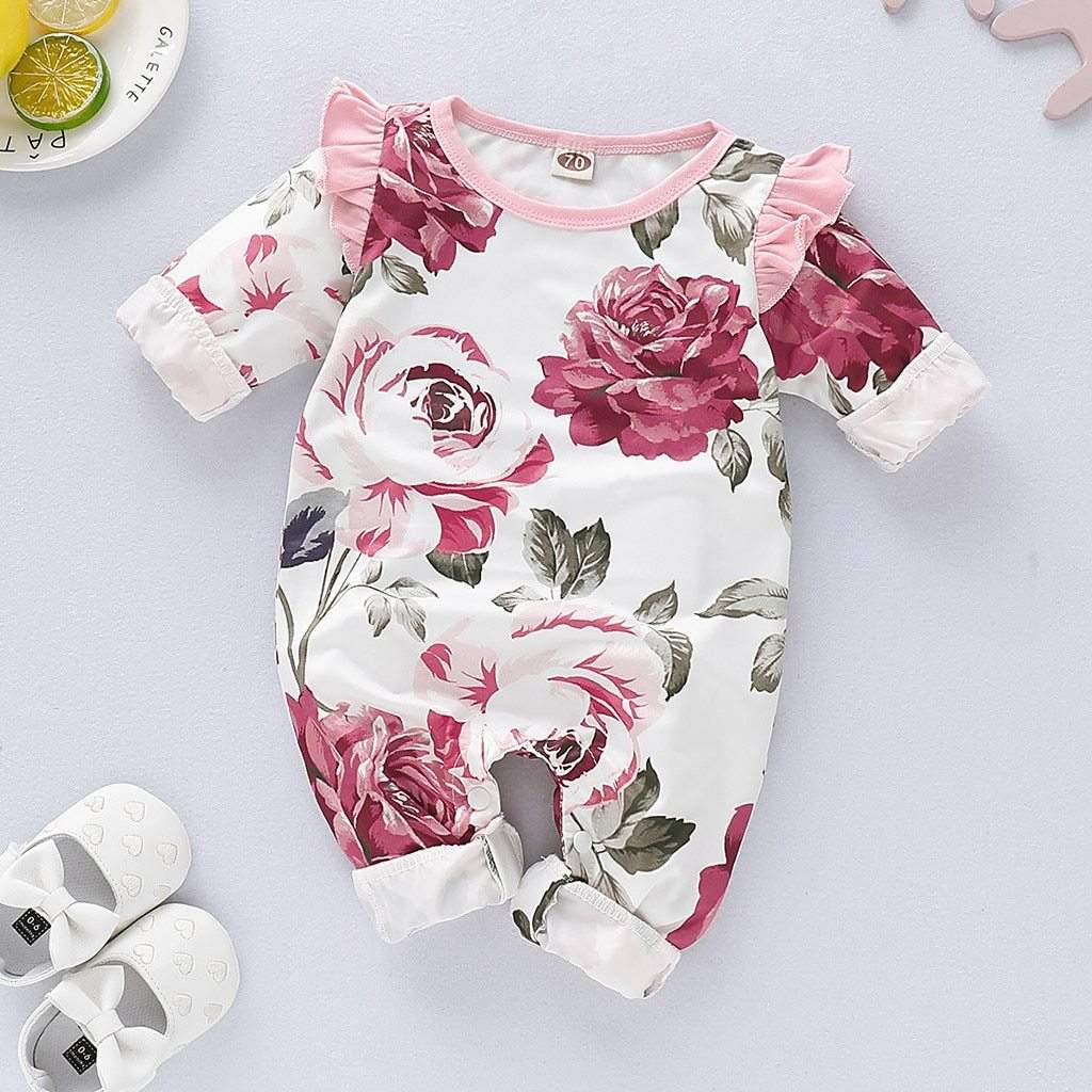 Macacão Branco Floral Bebê Menina c/Babados| 0-18 Meses