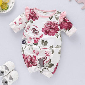 Macacão Branco Floral Bebê Menina c/Babados| 0-18 Meses