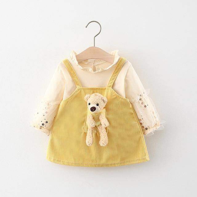 Conjunto Blusa de Manga +Vestido Veludo Ursinho Bebê Menina | 0-24 Meses