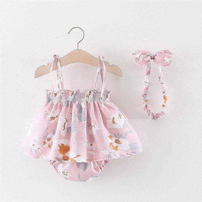 Conjunto Vestido + Tapa Fralda Floral + Laço| Bebê Menina Verão | 0-18M