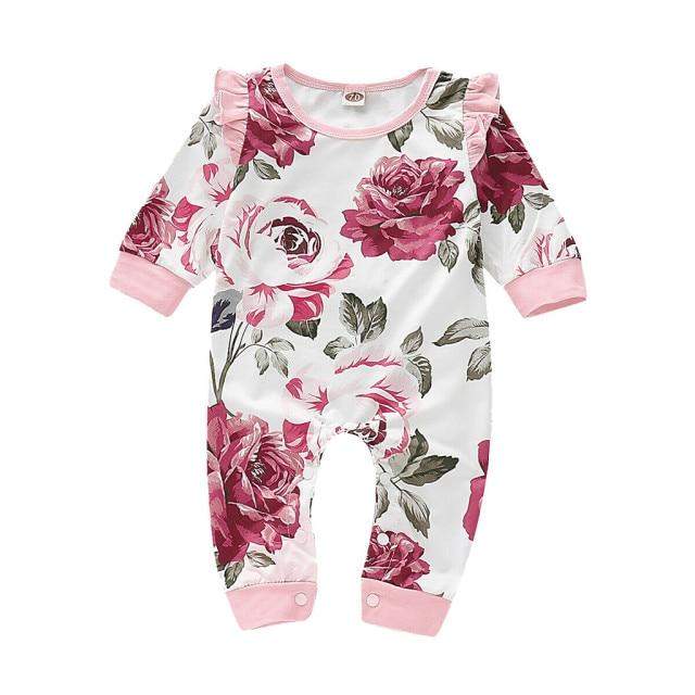 Macacão Branco Floral Bebê Menina c/Babados| 0-18 Meses