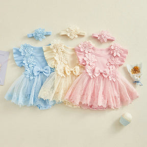 Vestido-Macaquinho de Festa Bordados Florais c/ Tiara | 0-18M