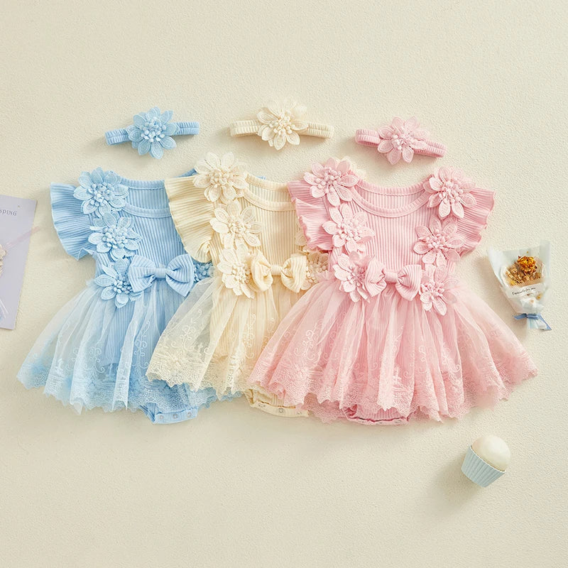 Vestido-Macaquinho de Festa Bordados Florais c/ Tiara | 0-18M