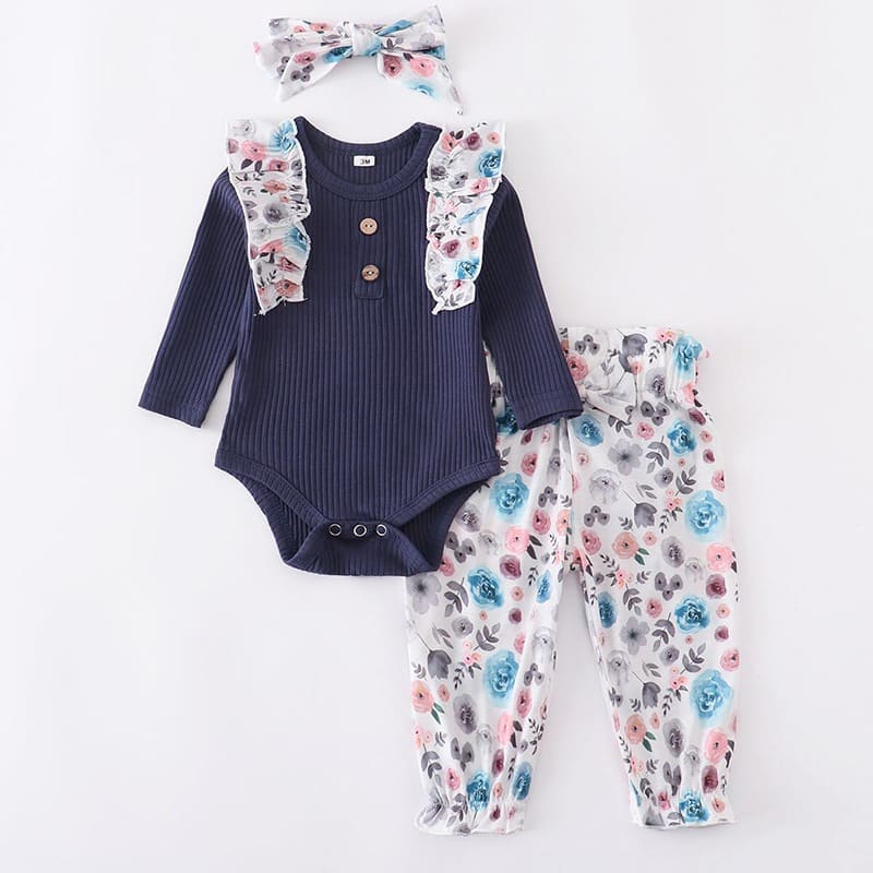 Conjunto Body Babados + Calça Floral+ Laço Bebê Menina
