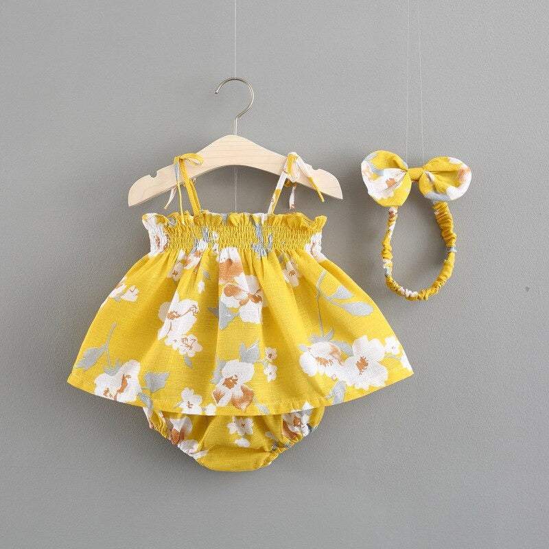 Conjunto Vestido + Tapa Fralda Floral + Laço| Bebê Menina Verão | 0-18M