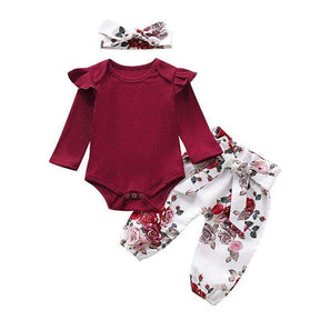 Conjunto Floral Bebê Menina Body Manga Longa + Calça + Laço | 3-24 Meses