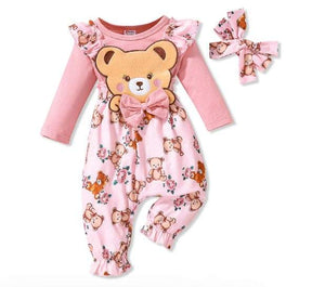 Macacão Rosa Ursinho 3D Babados Bebê Menina | 0-18 Meses