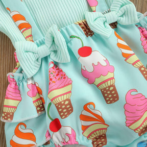Conjunto Bebê Menina Verão Blusa de Manga Curta + Macaquinho + Laço | 0-18 Meses