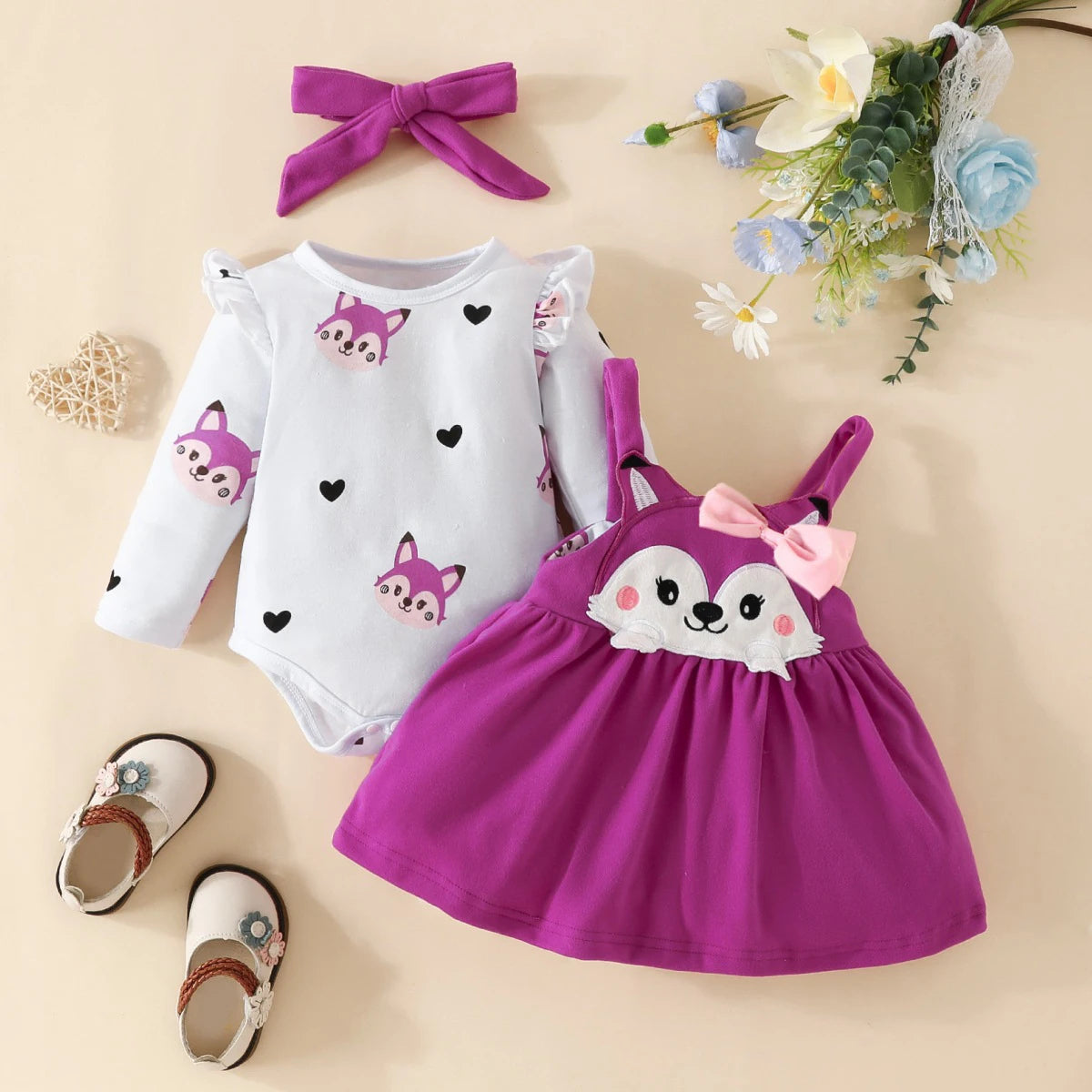 Conjunto Bebê Menina Raposinha Manga+ Longa Vestido+ Laço