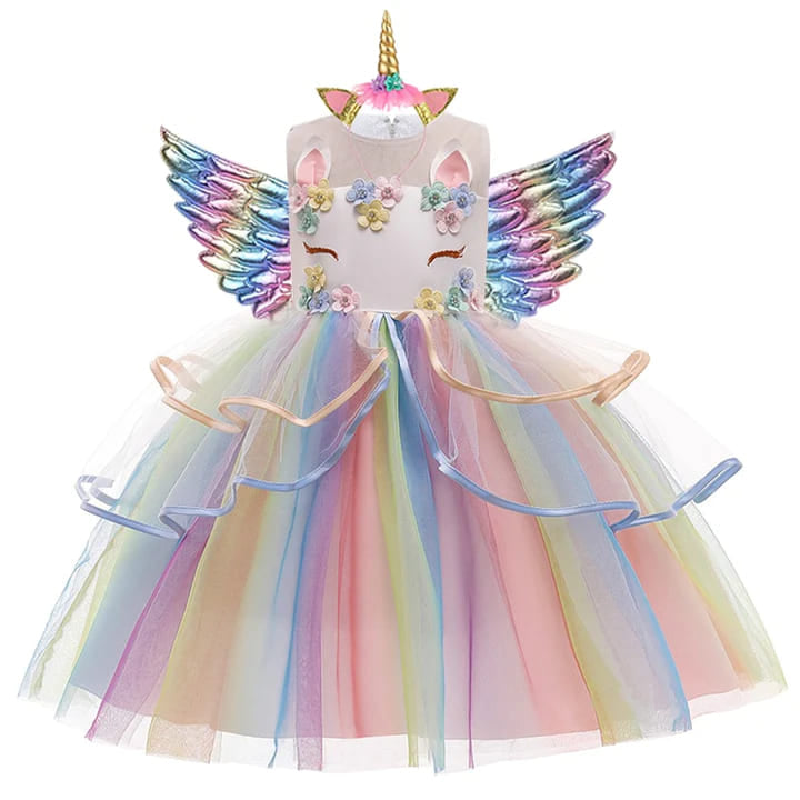 Vestido de Festa Menina Unicórnio Arco-íris + Asinhas + Tiara