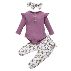 Conjunto Floral Bebê Menina Body Manga Longa + Calça + Laço | 3-24 Meses