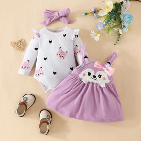 Conjunto Bebê Menina Raposinha Manga+ Longa Vestido+ Laço