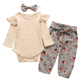 Conjunto Body Babados + Calça Floral+ Laço Bebê Menina