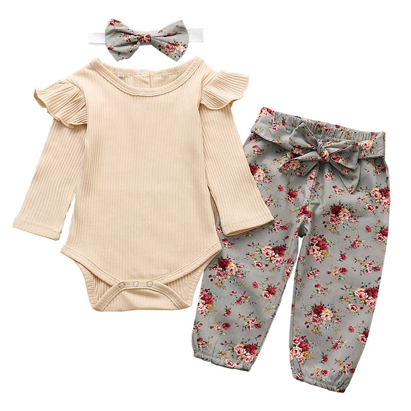 Conjunto Body Babados + Calça Floral+ Laço Bebê Menina